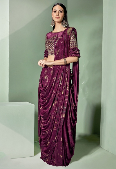 Purple lycra draped party wear saree  5305